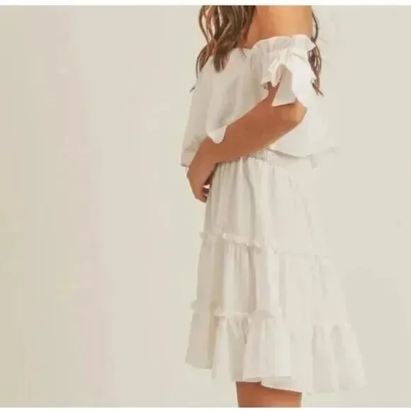 MABEL by ANTHROPOLOGIE Rayna Boho Off Shoulder Tiered Mini Sundress Cream L - Picture 3 of 6